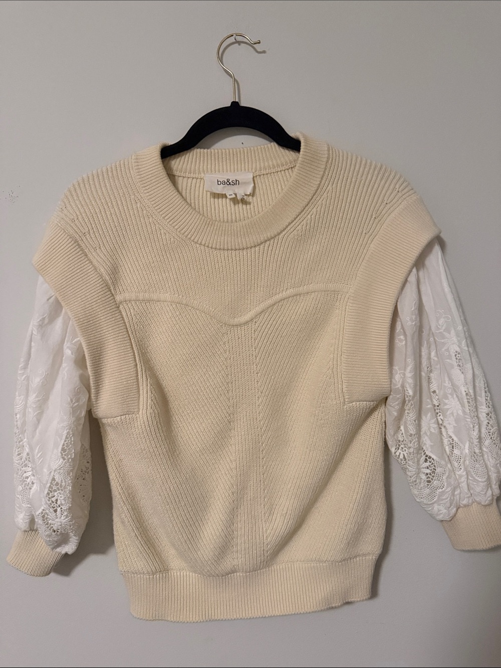 ba&sh Cream Knit Sweater with Lace Puff Sleeves